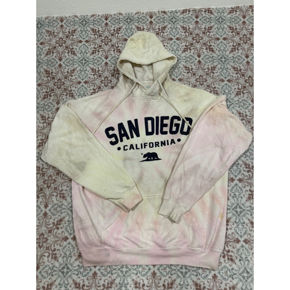 Exist San Diego California Tie Dye Hoodie Pink Yellow Bear Graphic Large